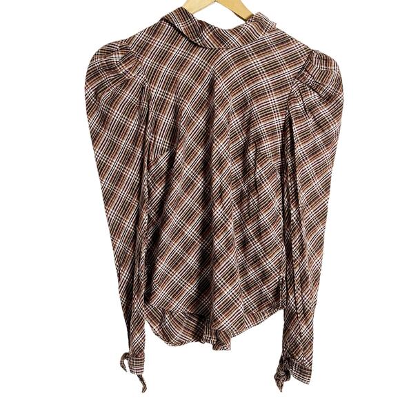 Veronica Beard Isabel Brown Plaid Puff Long Sleeve Mock Neck Top Size 2 - Picture 3 of 15